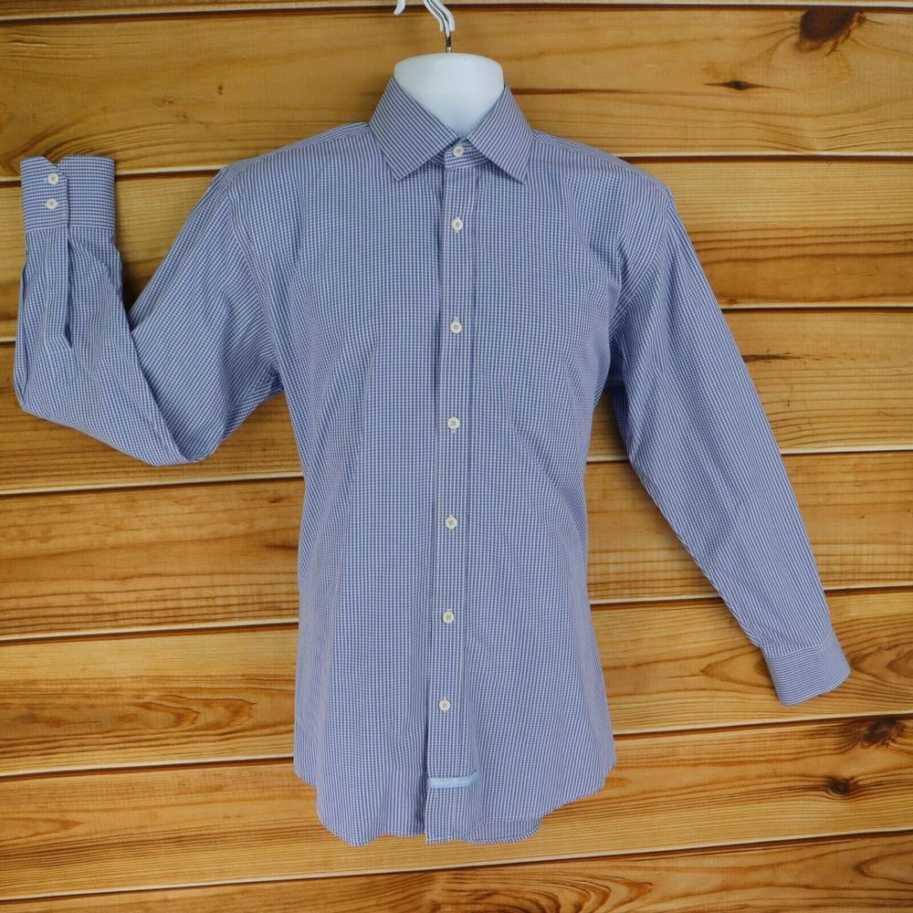 English Laundry Dress Shirt Mens 15.5x32/33 Blue Check 100% Cotton Spread Collar